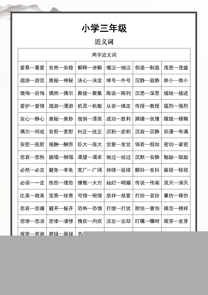 三上语文近义词和反义词汇总