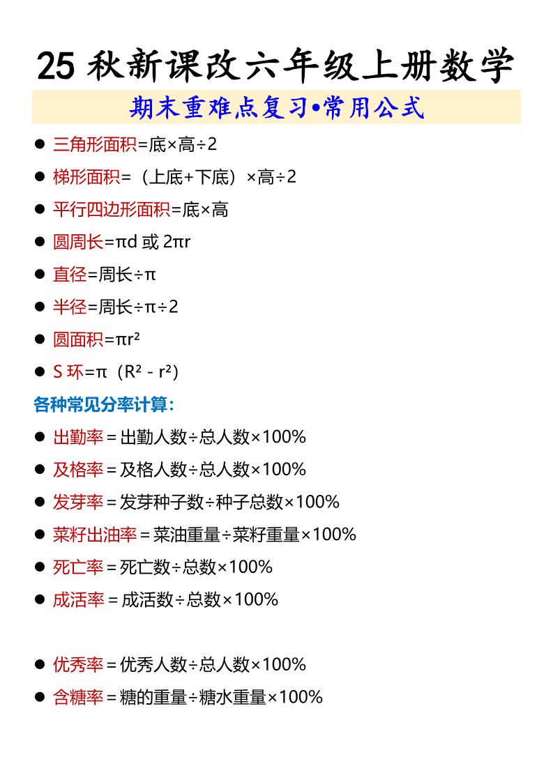 【2025秋新版】六年级上册数学期末重难点复习•常用公式