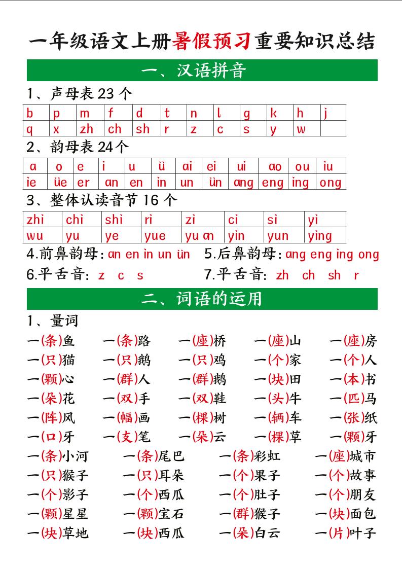 一上语文【暑假预习重要知识总结】