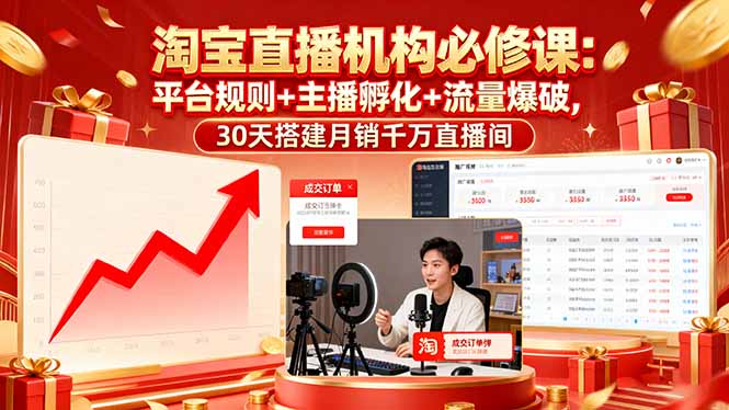 淘宝直播机构必修课:平台规则/主播孵化/流量爆破,30天搭建月销千万直播间