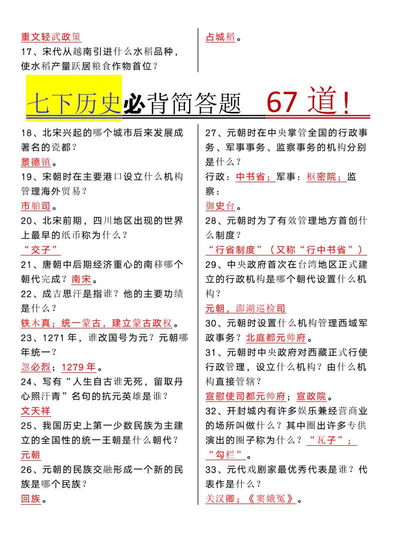 【2025秋新版】七年级下册历史必背简答题67道