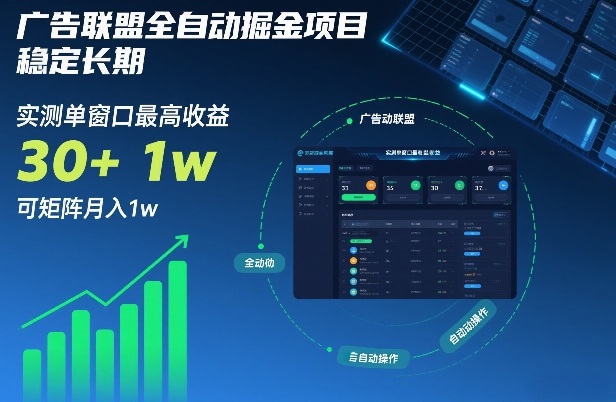 广告联盟全自动掘金项目，稳定长期，实测单窗口最高收益30+，可矩阵月入1w+【揭秘】