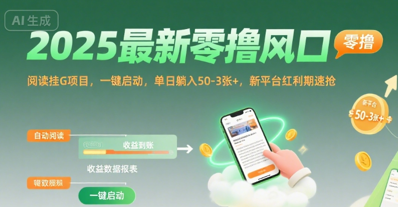 2025最新零撸风口，阅读挂G项目，一键启动，单日躺入 50-3张+，新平台红利期速抢【揭秘】