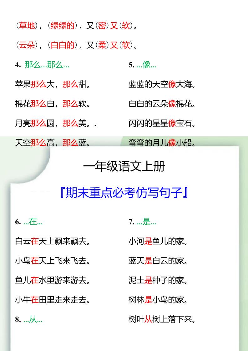 【2025秋新版】一年级语文上册期末重点必考仿写句子