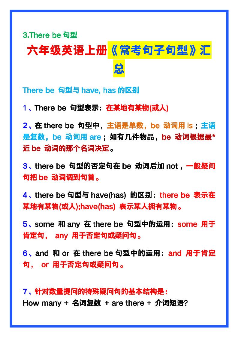 【2025秋新版】六年级英语上册《常考句子句型》汇总，学习巩固必备！