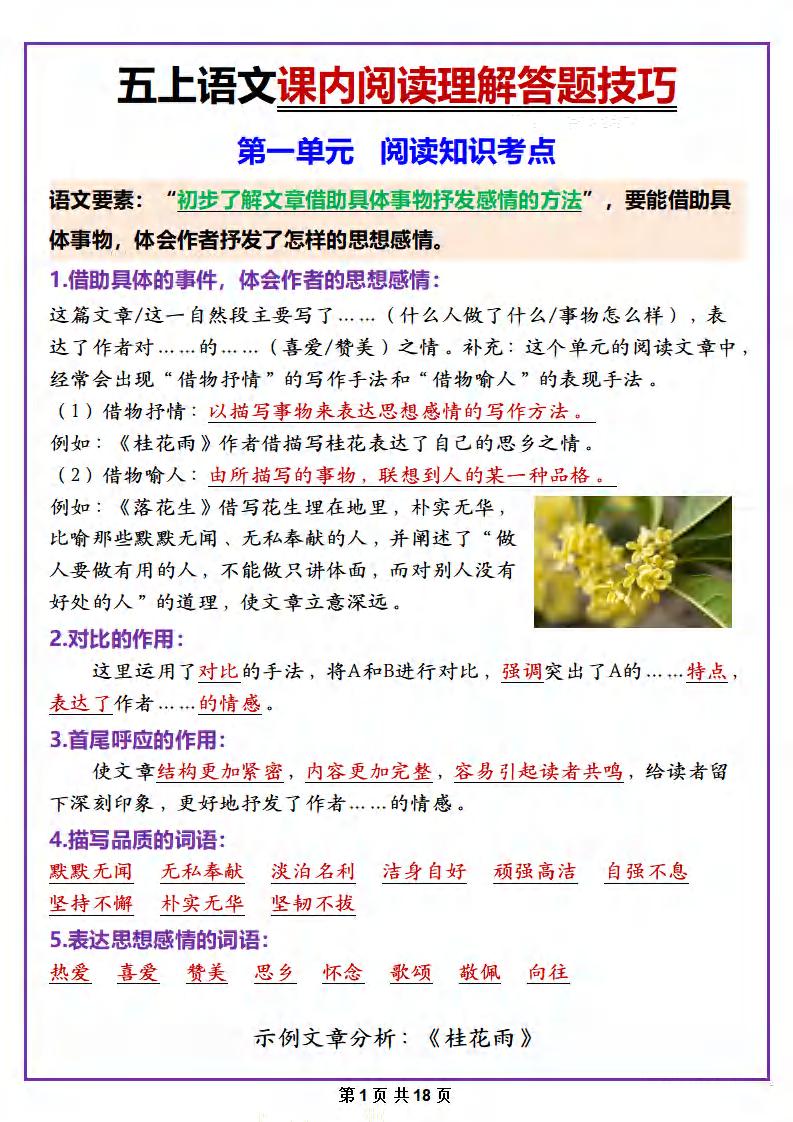 五年级上册语文课内阅读理解答题技巧