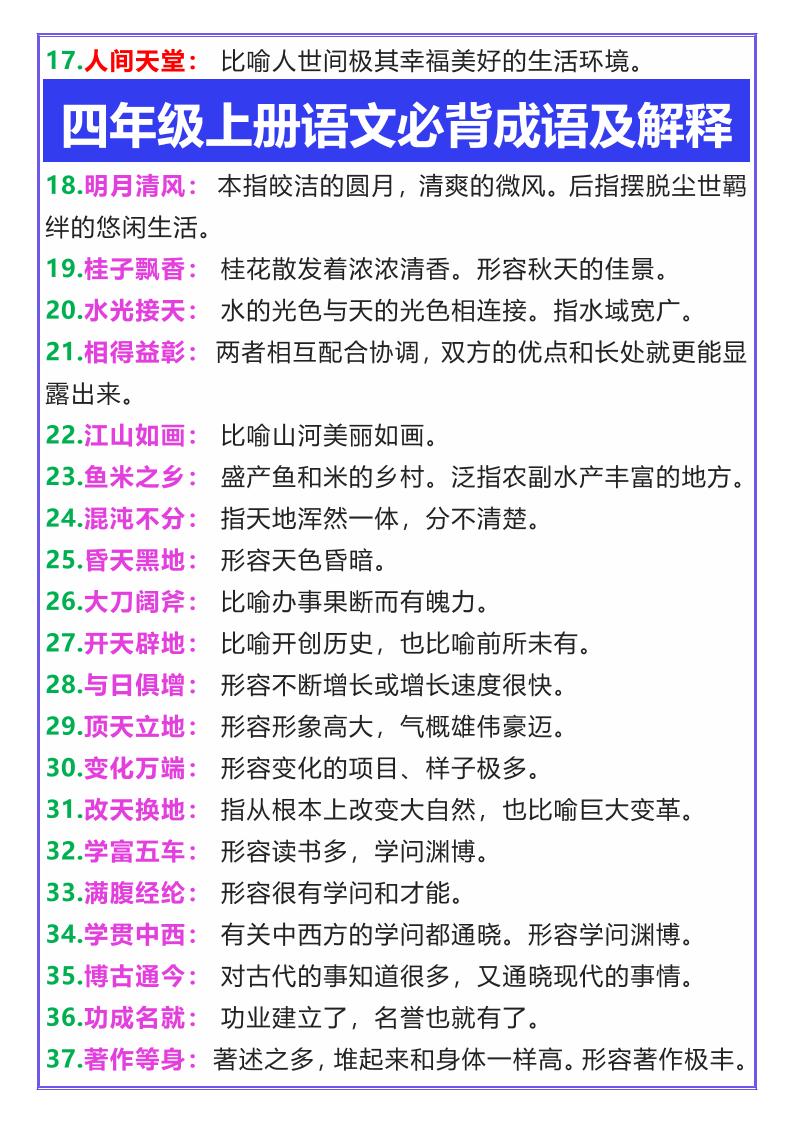 【2025秋新版】四年级上册语文必背成语及解释