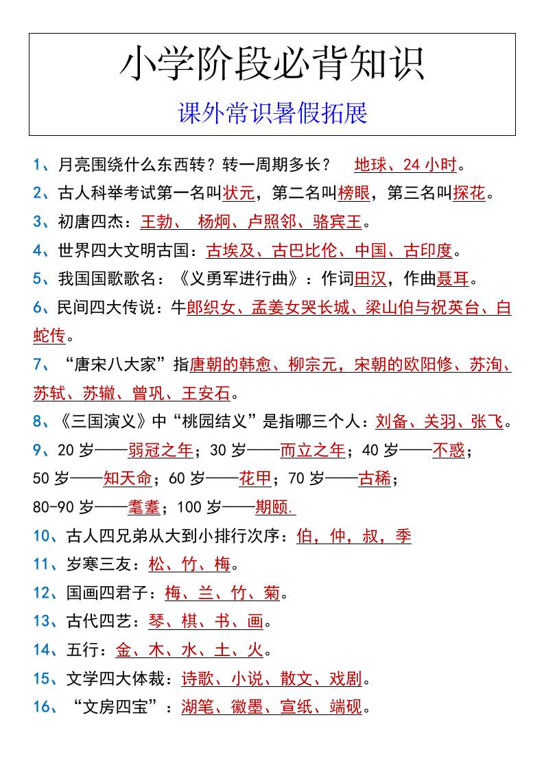 小学阶段必背知识课外常识暑假拓展-小升初语文