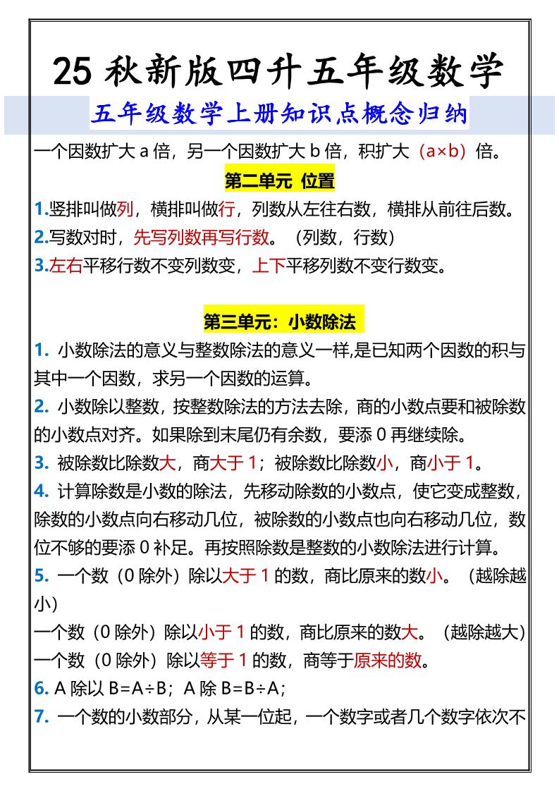 【2025秋新版】五年级数学上册知识点概念归纳