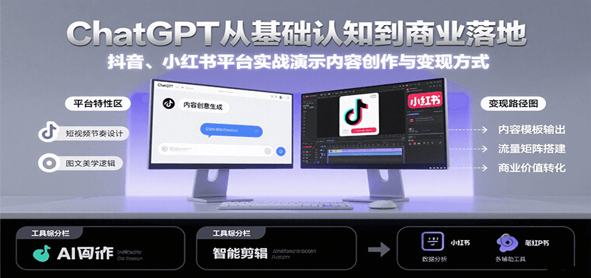 ChatGPT从基础认知到商业落地，实战演示抖音、小红书等平台的内容创作与变现