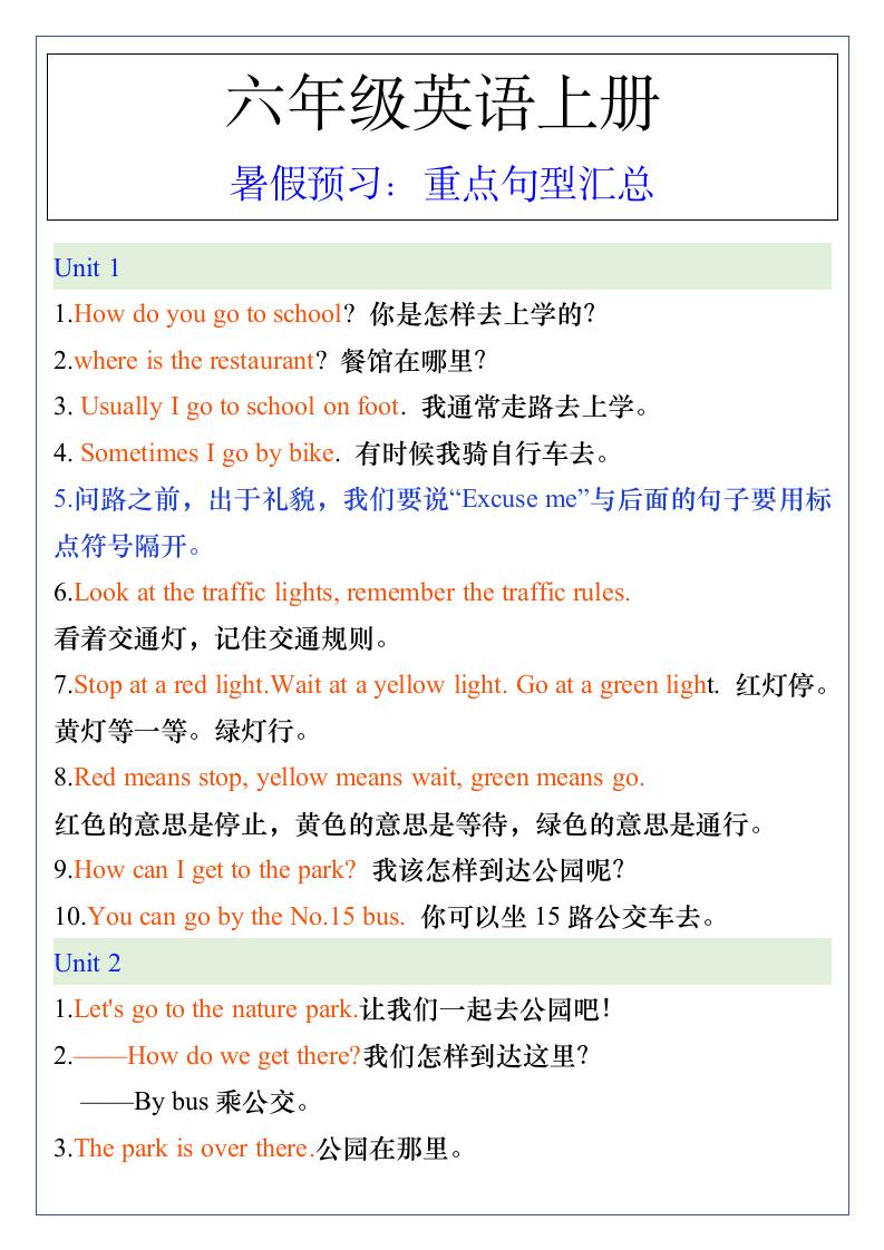 五升六年级英语上册暑假预习：重点句型汇总-六上英语