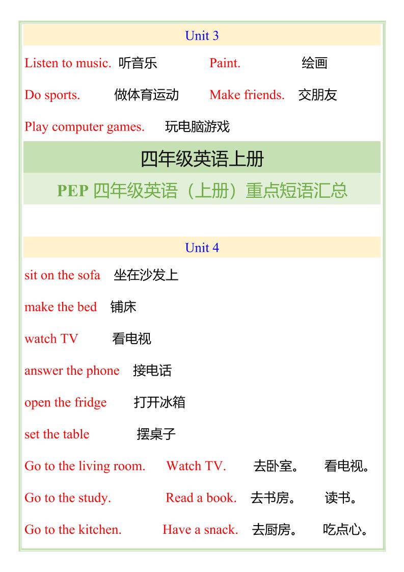 【2025秋新版】四年级英语上册重点短语汇总