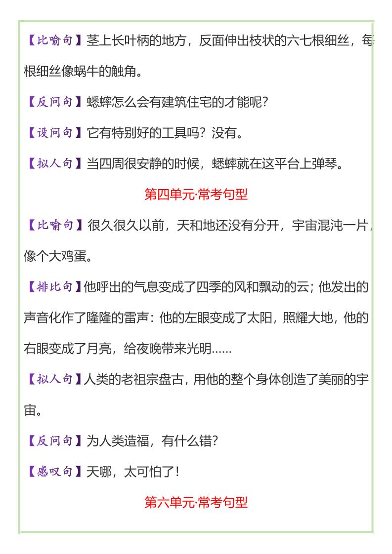 【2025秋新版】四年级上册语文必考课内重点句子+修辞手法