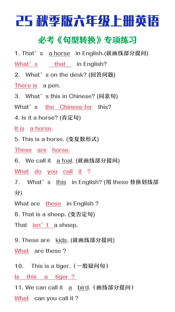 【2025秋新版】六年级上册英语必考句型转换