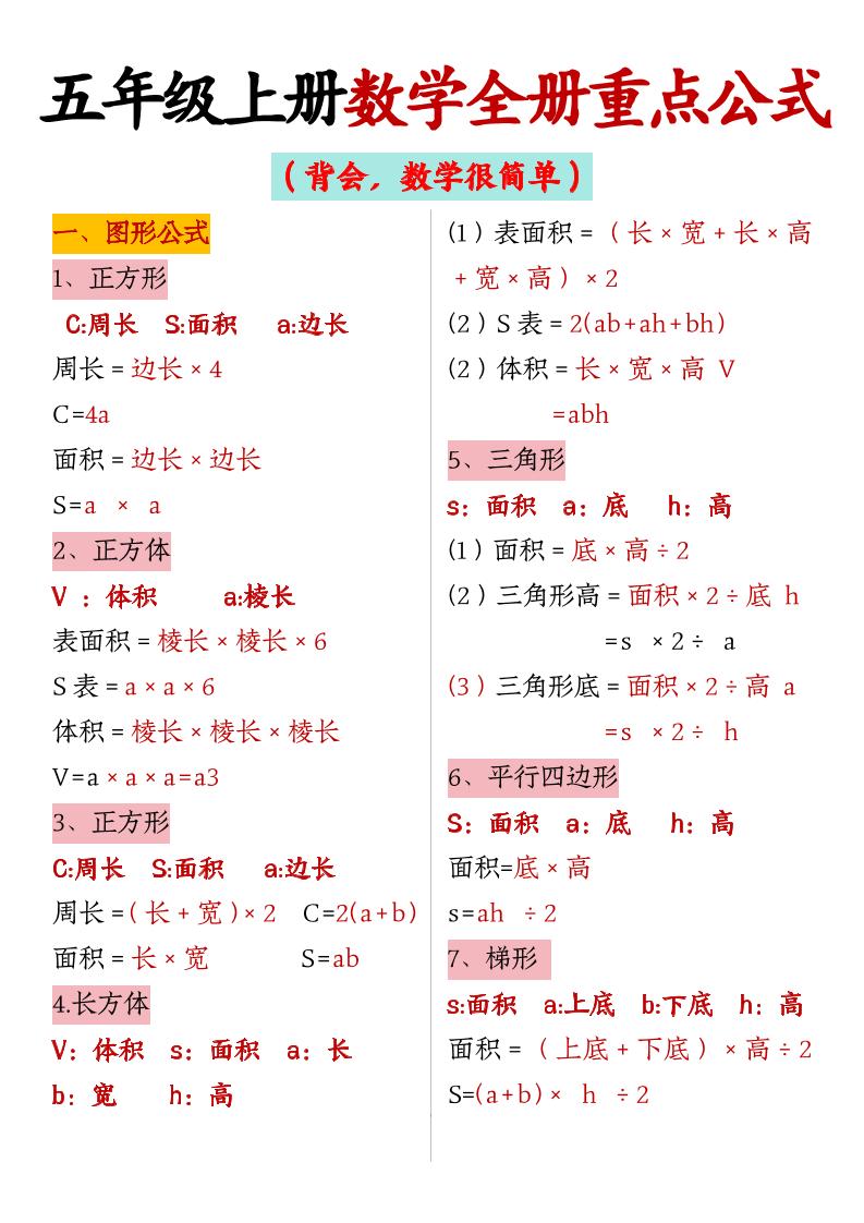五上数学【全册重点公式】