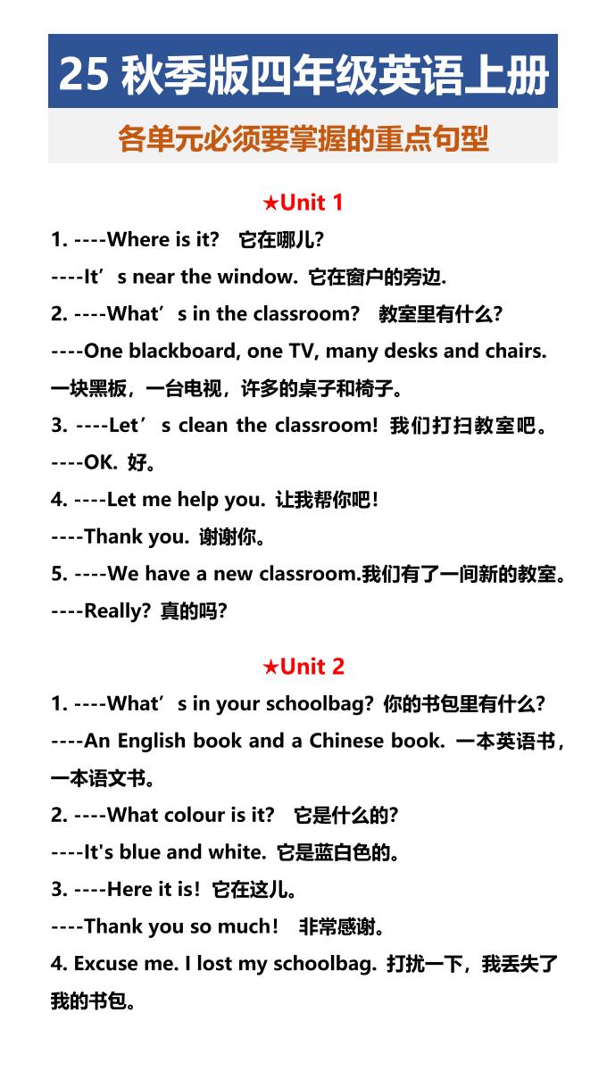 【2025秋新版】四年级英语上册各单元必须要掌握的重点句型