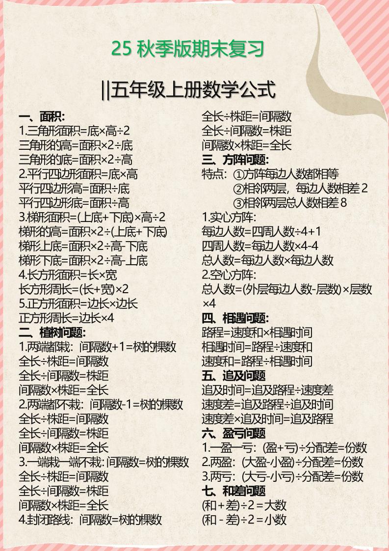 【2025秋新版】五年级上册必备数学公式