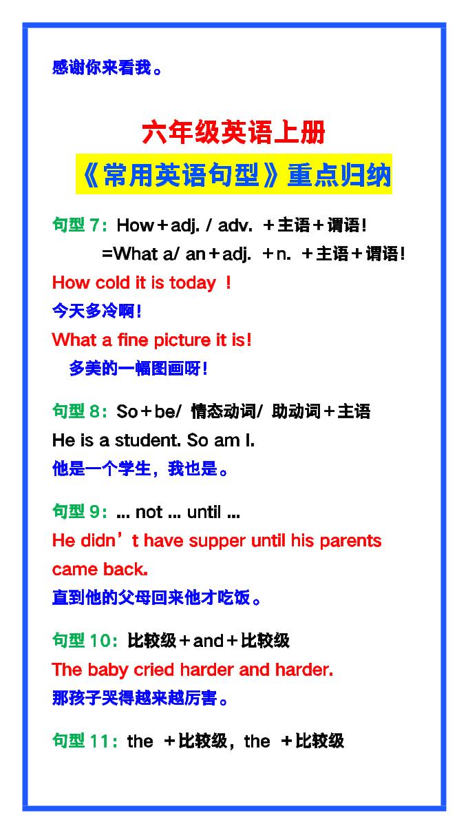 【2025秋新版】六年级英语上册《常用英语句型》重点归纳，提分必备!