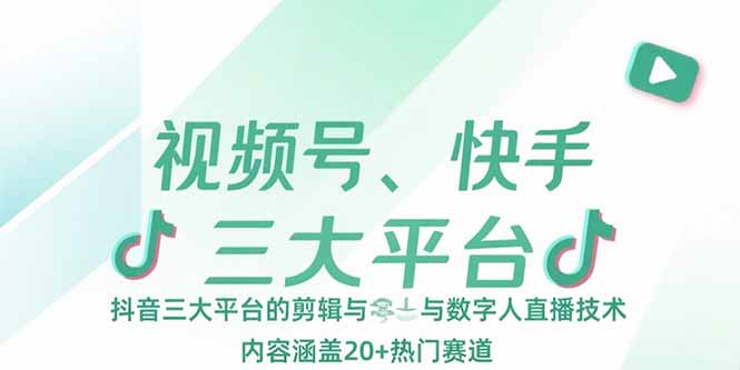 视频号、快手、抖音三大平台的剪辑与数字人直播技术,内容涵盖20+热门赛道