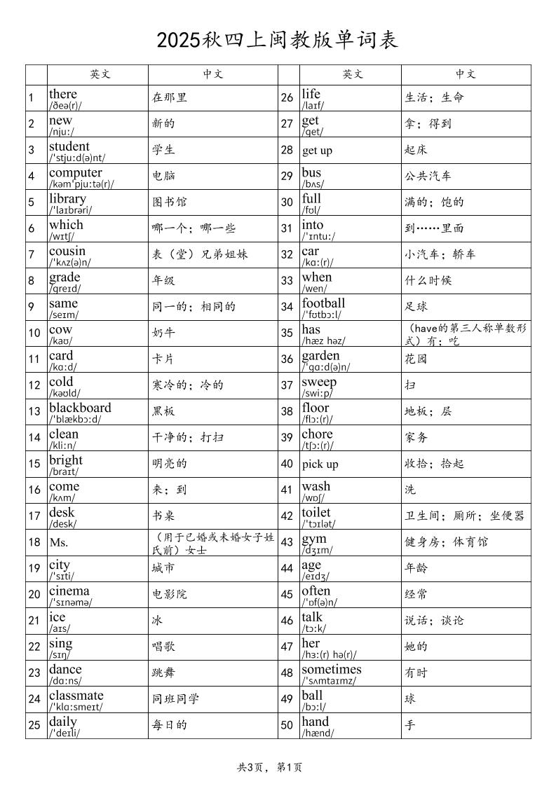 2025秋四上英语闽教版单词表