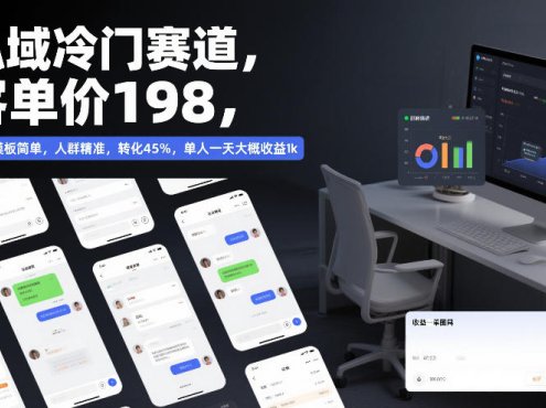 私域冷门赛道，客单价198，引流模板简单，人群精准，转化45%，单人一天大概收益1k