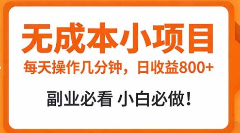 无成本小项目 每天操作几分钟，真实日收益800+ 副业必看 小白必做！